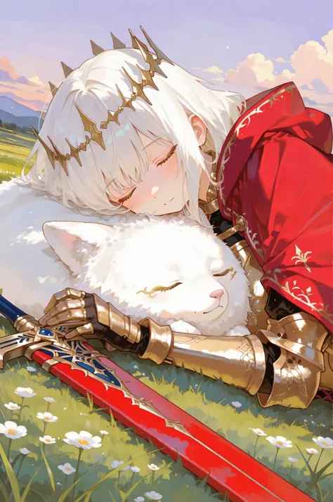 wear a flowing red cloak that gently covers when resting, thick outline and soft watercolor texture, and her expression is soft green grass drawn like a picture book, as if drawn with crayons . Elves have been dotted with, Curled up。flowing with、Gold Acces...