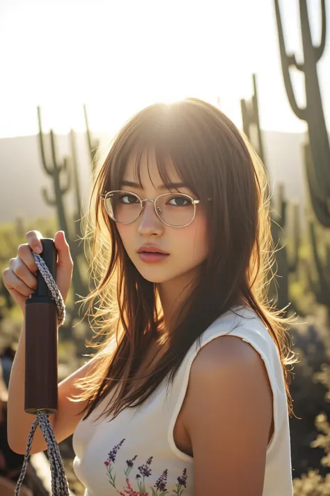 ((best quality、masterpiece、high sensitivity、high resolution、detailed explanation、depicting a delicate face holding a lasso、8K)),((slender woman、Wears Glasses)),cowgirl、holding a lasso stands in the wilderness surrounded by cacti、Slightly backlit、adds seren...