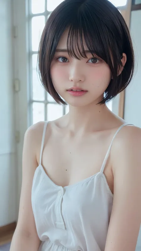 ( bob cut hair :1.2),( camisole:1.heer:1.4), 1 girl, Japanese ,21 years old,( small breasts:1.3),( top quality,masterpiece:1.3, super A high resolution,),( ultra detail , caustics ),( photorealistic:1.4,RAW shooting,) super realistic capture , very detaile...