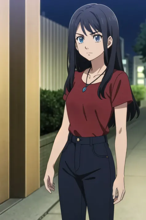 Masterpiece, best quality, 1 girl, solo, black hair, straight hair, long hair, light blue eyes, Tokyo revengers anime style, wearing red t-shirt and jeans, necklace, no bangs, she stands in park, night, epic view