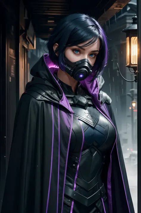 {{{{{masterpiece, best quality, official art, 8k, high resolution illustration}}}}}, grey theme, {{{cinematic lighting, natural light}}}, 1girl, {purple neon lines on cloak}, solo, jacket, {{black cloak}}, {{{sci-fi cloak}}}, {{{dark blue hair}}, {{disheve...