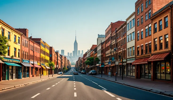 
a old 90's city with building, wide road, evening time, evening sunlight on road and buildings