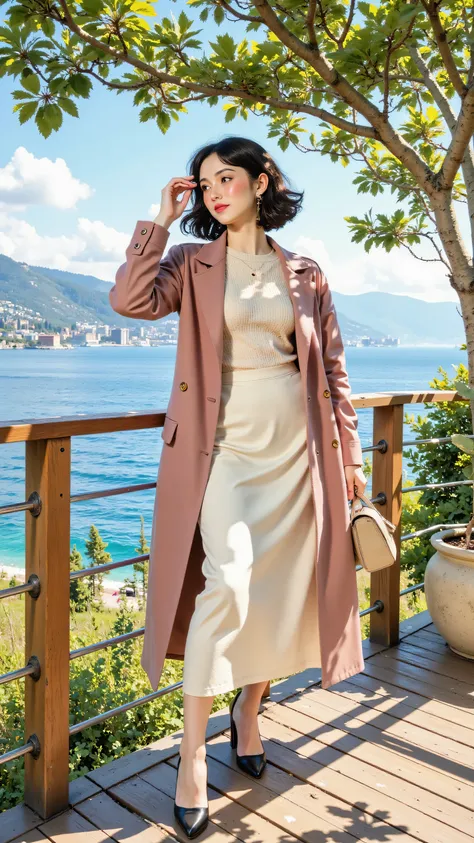 8k, Masterpiece, Top Quality, full body shot, eye-level, woman with dark wavy short hair, looking away in profile, thoughtful expression, standing on wooden deck overlooking water, hand touching hair, wearing open dusty pink trench coat, cream textured top...