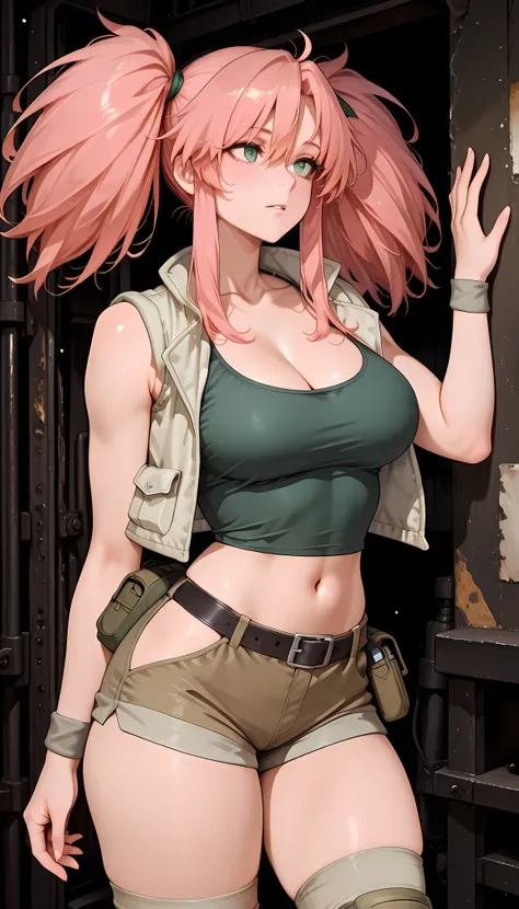 masterpiece, best quality, amazing quality, hyper-detailed, newest, very aesthetic, 1girl, photo posing, Nadia from Metal Slug, large breasts, large thighs, diffused light, absurdres, highres, hd particles, pink hair,long hair,high twintails,sidelocks,hair...