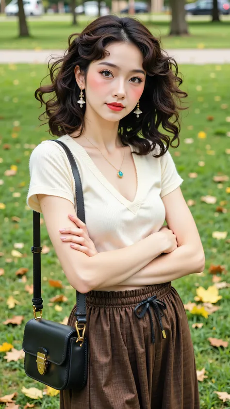 8k, Masterpiece, Top Quality, medium-long shot, high angle, woman with dark voluminous curly shoulder-length hair, red lipstick, dangling earrings, looking at camera, neutral expression, standing with arms crossed in park, casual autumn fashion, cream V-ne...