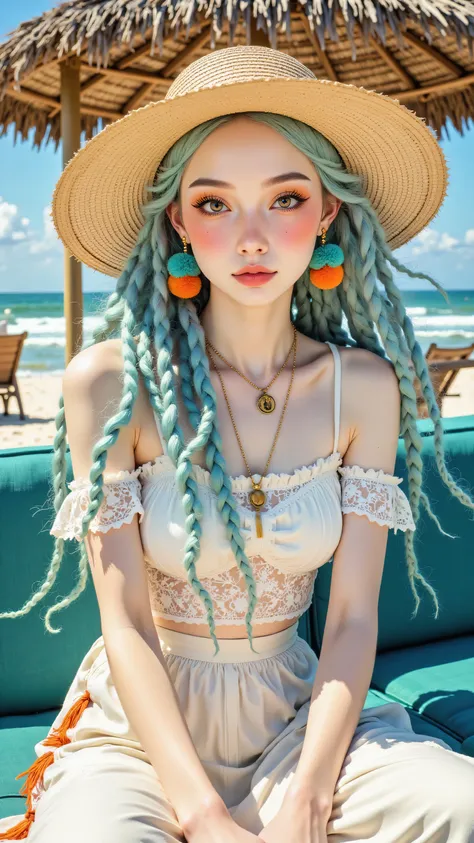 8k, Masterpiece, Top Quality, medium shot, low angle, centered, woman, very pale skin, light blue cyan thick dreadlocks, teal orange pompom hair decorations, orange pink eye makeup, direct gaze, neutral expression, bohemian festival beach style, wide-brimm...