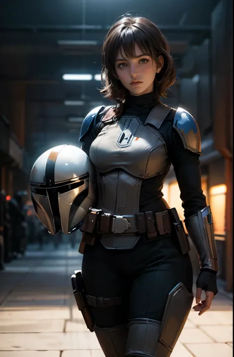 star wars world ,female mandalorian, , slender beauty ,holding helmet in right hand, ,Mandalorian armor ,Slimming, slender, Gentle Eyes, flows from my crotch