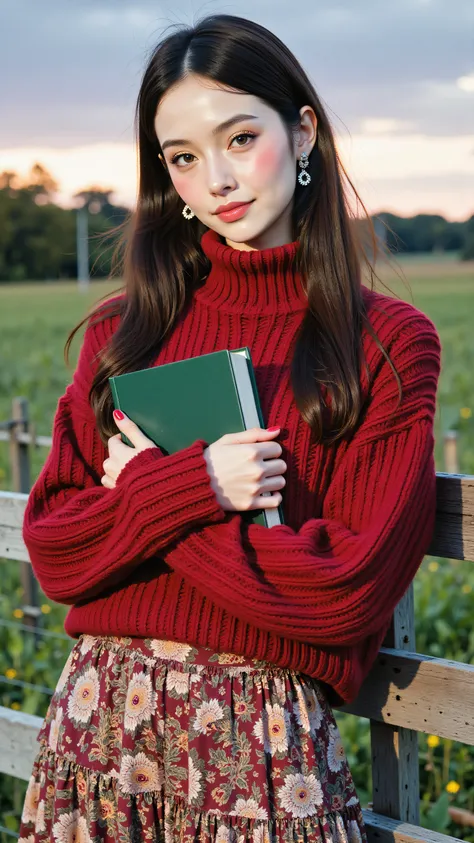 8k, Masterpiece, Top Quality, medium shot, eye-level, woman with long dark straight hair, fair skin, looking at camera, calm neutral expression, wearing chunky red cable-knit turtleneck sweater and red/beige paisley print ruffled midi skirt, dark tights, c...