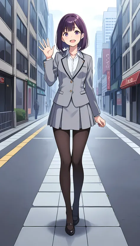 masterpiece, best quality, absurd dress, perfect anatomy, female, solo, full body image, smile,and open the mouth, glossy lips, purple bob hair , medium hair,美しいオフィスfemale,gray suit,buttoned blazer,Closed blazer, collared shirt,Page Search,pantyhose,stand...