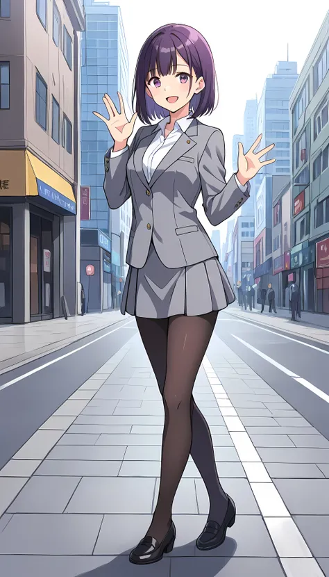 masterpiece, best quality, absurd dress, perfect anatomy, female, solo, full body image, smile,and open the mouth, glossy lips, purple bob hair , medium hair,美しいオフィスfemale,gray suit,buttoned blazer,Closed blazer, collared shirt,Page Search,pantyhose,stand...