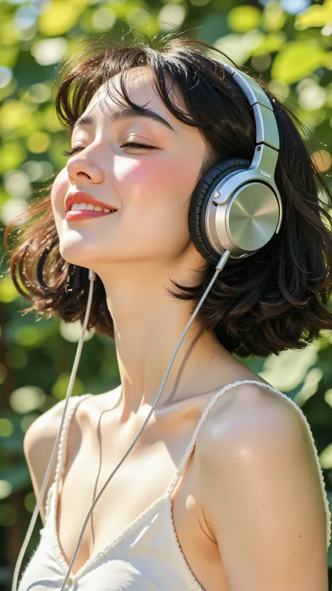 8k, Masterpiece, Top Quality, medium close-up, slightly low angle, profile three-quarter view, woman with short dark messy bob hair, fair skin, head tilted back, eyes closed, serene blissful expression, listening to music, wearing white sleeveless tank top...