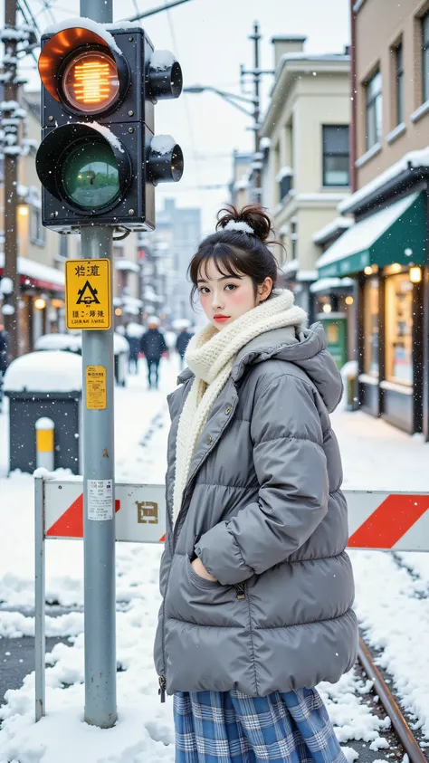 8k, Masterpiece, Top Quality, medium-long shot, eye-level, woman with dark hair in messy bun and fringe, looking over shoulder towards camera, neutral expression, wearing grey padded winter parka, white knit scarf, long blue plaid skirt, winter boots, laye...
