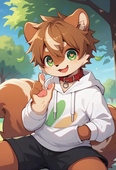 very detailedな,very detailed,squirrel,,male,骨を見てexcited,Heart Eyes,Smiling Face,cute face,brown haired,red collar,squirrel,male, fluffy fur like one,excited,Beautiful tree,on the tree,,Smiling face, droopy ears,ベンチにsit,sit,Want,black shorts,green and white...