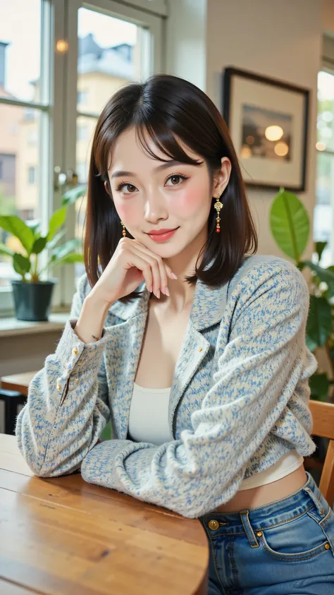 8k, Masterpiece, Top Quality, medium shot, waist-up, high angle view, woman, shoulder-length dark straight hair, soft thoughtful expression, seated at wooden table, leaning forward slightly, right forearm resting on table surface, head tilted down and righ...
