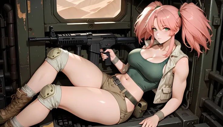 masterpiece, best quality, amazing quality, hyper-detailed, newest, very aesthetic, 1girl, photo posing, Nadia from Metal Slug, large breasts, large thighs, diffused light, absurdres, highres, hd particles, pink hair,long hair,high twintails,sidelocks,hair...