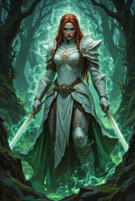score_9, score_8_up, score_7_up, score_6_up, score_5_up, score_4_up,  a picture of woman paladin of nature protecting the forest, controlling magical plants, woman holy knight, protector of nature, red hair, long hair, full body, ultra detailed face, red h...