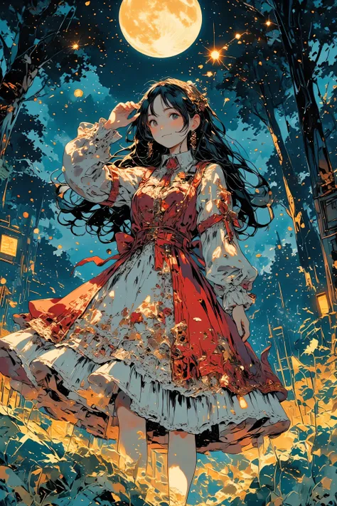 a young girl with long straight black hair, wearing a red and white frilly lolita-style dress with lace and ribbon details, standing in the middle of a magical forest at night, gently waving her hand with a soft smile, golden stardust drifting through the ...