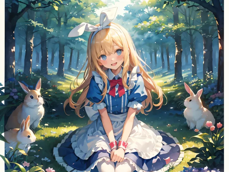 ((最高品質)), ((傑作)), ( 詳細), 1人の女の子,
(alice in wonderland) ,(cosplay), apron, blue dress, bow, dress, frilled apron, frilled dress, frills, puffy short sleeves, puffy sleeves, white apron, white pantyhose, wrist cuffs, blonde hair, blue eyes, hairband,
Pict...