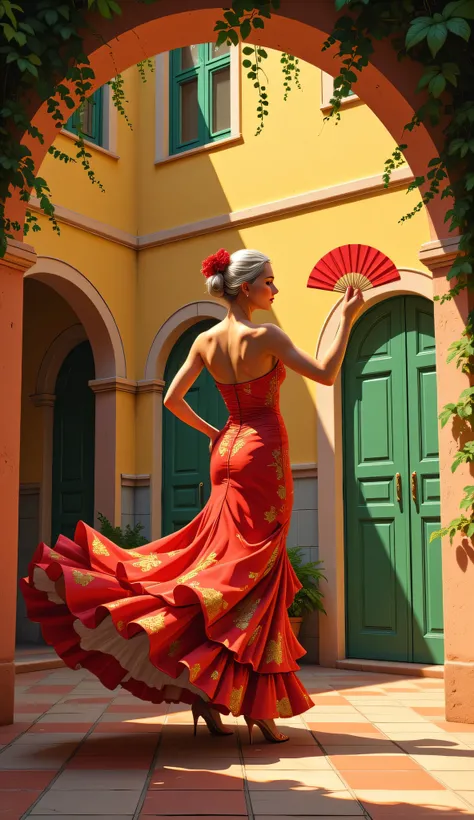 A ghibli style illustration of a beautiful older woman wearing a vibrant bauhaus style flamenco dress with gold floral patterns, dancing gracefully in a sunlit Spanish bauhaus courtyard, holding a red fan, dramatic lighting casting soft shadows, traditiona...