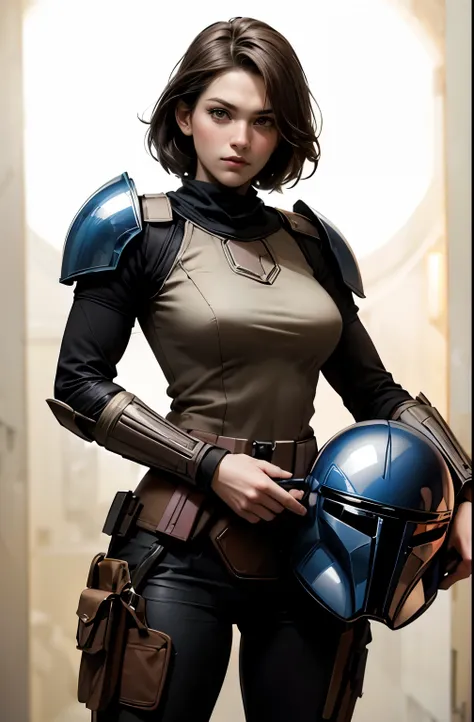 star wars world ,female mandalorian, can see the face, slender beauty ,holding helmet in right hand, ,Mandalorian armor ,Slimming, slender, Gentle Eyes, flows from my crotch