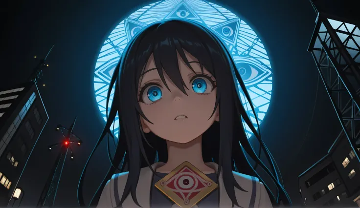 Alice Liddell, street lights, (black light), tilt angle, Eye of Providence, fisheye lens, mad, lunatically, creepy, glowing geometrical fish, radio tower, 16k, UHD, HDR, masterpiece, award winning