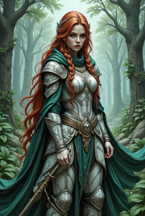 score_9, score_8_up, score_7_up, score_6_up, score_5_up, score_4_up, a picture of woman paladin of nature protecting the forest, controlling magical plants, woman holy knight, protector of nature, red hair, long hair, full body, ultra detailed face, red h...