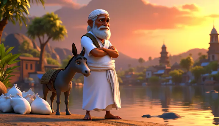 The The elderly Indian man with wrinkled skin,slim body,round face, wearing white kurta and white dhotar,thinking seriously while looking at the donkey large salt sacks fall off its back. A thought bubble or visual cue shows his plan involving a cotton sac...