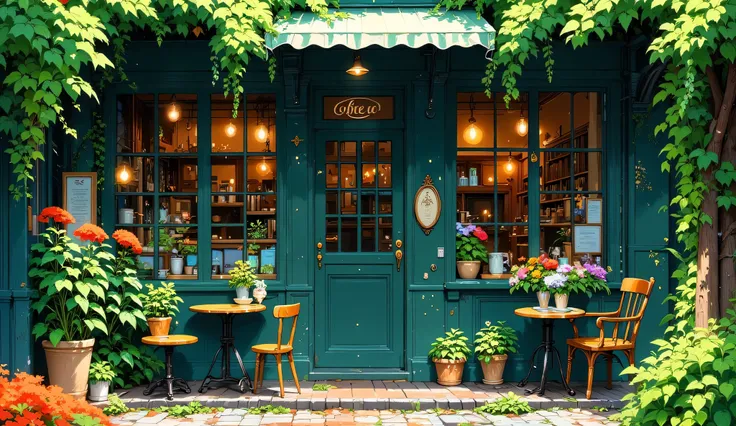 A charming outdoor cafe, depicted in a vibrant anime style.  A teal-green building, covered in lush greenery, houses a coffee shop with an inviting outdoor seating area. Small tables and chairs made of light brown wood are positioned in front of large wind...