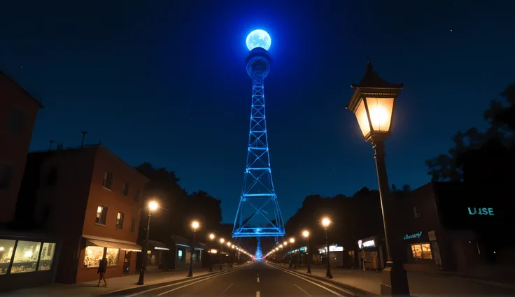 Alice Liddell, street lights, (black light), tilt angle, Eye of Providence, fisheye lens, mad, lunatically, creepy, glowing geometrical fish, radio tower, 16k, UHD, HDR, masterpiece, award winning