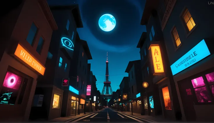 Alice Liddell, street lights, (black light), tilt angle, Eye of Providence, fisheye lens, mad, lunatically, creepy, glowing geometrical fish, radio tower, 16k, UHD, HDR, masterpiece, award winning