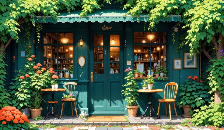 A charming outdoor cafe, depicted in a vibrant anime style.  A teal-green building, covered in lush greenery, houses a coffee shop with an inviting outdoor seating area. Small tables and chairs made of light brown wood are positioned in front of large wind...
