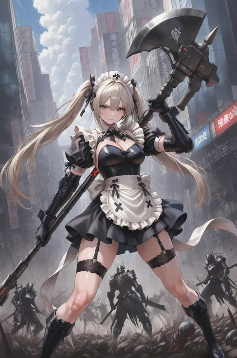 Female 1、from above、Akihabara、maid、maid服、miniskirt、white knee high、absolute region with to、 、 Madness、battle pose、upper、 Kills、Hold a giant battle axe、Charge