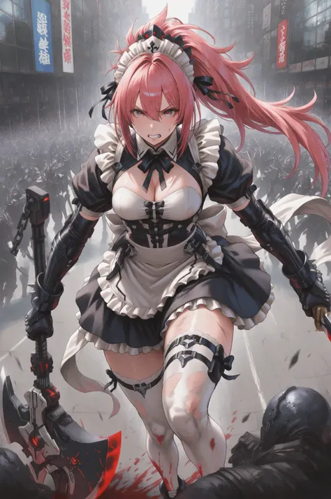 Female 1、from above、Akihabara、maid、maid服、miniskirt、white knee high、absolute region with to、anger 、 Madness、battle pose、upper、 Kills、Wield a giant battle axe、Charge、During combat、 Return Blood、Desperate