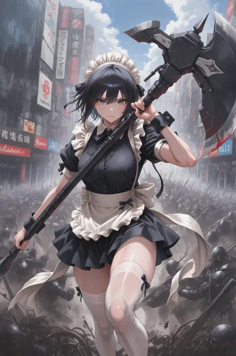 Female 1、from above、Akihabara、maid、maid服、miniskirt、white knee high、absolute region with to、 、 Madness、battle pose、upper、 Kills、Hold a giant battle axe、Charge