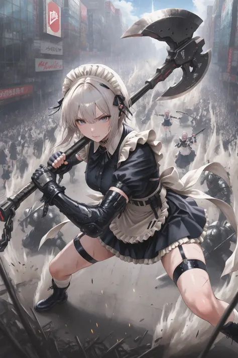 Female 1、from above、Akihabara、maid、maid服、miniskirt、white knee high、absolute region with to、 、 Madness、battle pose、upper、 Kills、Hold a giant battle axe、Charge