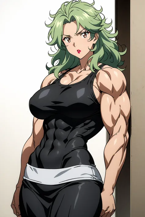 score 9 , score 8 up, score 7 up, source anime, masterpiece, best quality, high resolution, 1woman, Closeup of a woman with long green hair, Muscular and strong, makeup, messy hair, lipstick, wavy hair, parted bangs, Brown eyed woman, solo, Classic Women, ...