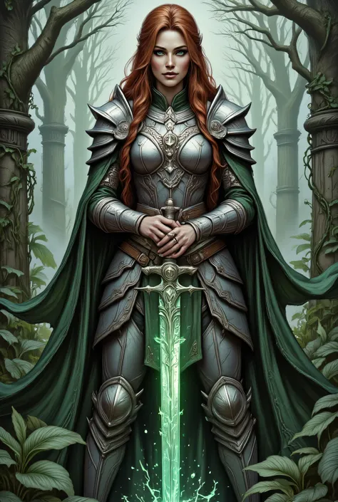 a picture of woman paladin of nature protecting the forest, controlling magical plants, woman holy knight, protector of nature, red hair, long hair, full body, ultra detailed face, red hair, long hair, braided hair, pale skin, blue eyes, intense eyes, wear...