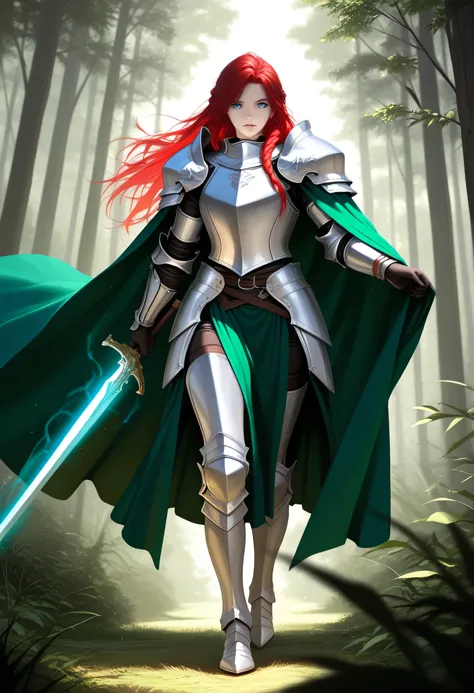 a picture of woman paladin of nature protecting the forest, controlling magical plants, woman holy knight, protector of nature, red hair, long hair, full body, ultra detailed face, red hair, long hair, braided hair, pale skin, blue eyes, intense eyes, wear...