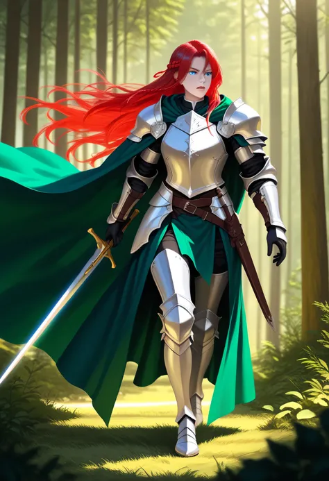 a picture of woman paladin of nature protecting the forest, controlling magical plants, woman holy knight, protector of nature, red hair, long hair, full body, ultra detailed face, red hair, long hair, braided hair, pale skin, blue eyes, intense eyes, wear...