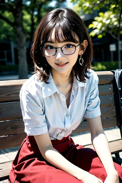 (best image quality、masterpiece、 high sensitivity 、high resolution launched、detailed description、, depicting a delicate face、Ｆvalue：6.0),(( Slender Girl 、Wear glasses)),lace skirt 、cropped blouse、happy smile、  I'm sitting on a park bench with blue eyes. 、
