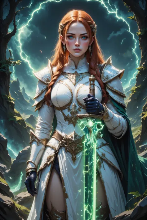 a picture of woman paladin of nature protecting the forest, controlling magical plants, woman holy knight, protector of nature, red hair, long hair, full body, ultra detailed face, red hair, long hair, braided hair, pale skin, blue eyes, intense eyes, wear...