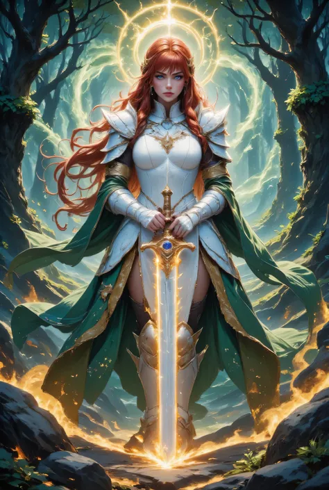 a picture of woman paladin of nature protecting the forest, controlling magical plants, woman holy knight, protector of nature, red hair, long hair, full body, ultra detailed face, red hair, long hair, braided hair, pale skin, blue eyes, intense eyes, wear...