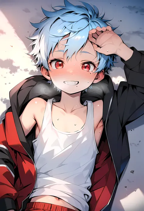 (score_9, score_8_up), (ultra detailed), (8k), (cute face), (detailed eyes:1.3), (shiny eyes), (masterpiece eyes), (1 boy), (shota:1.5), (lying on back:1.4), (lying on ground), (one hand on head:1.2), BREAK (white baggy tank top:1.3), (black hoodie), (part...