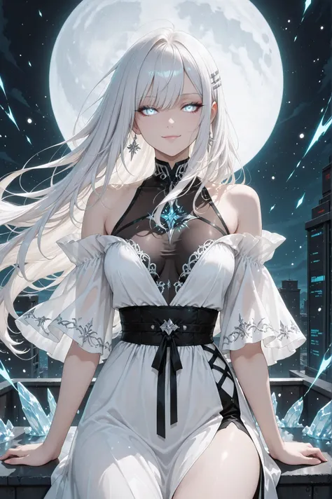 ((masterpiece, best quality, anime style, ultra-detailed)), (1girl, solo, human), (young female, age 18–20, elegant lean build, glowing white human eyes:1.6, cold confident smirk, emotionless stare, fair skin), (long flowing white hair:1.6, wind-blown, lay...
