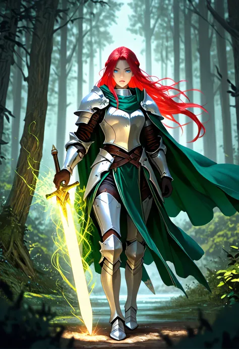 a picture of woman paladin of nature protecting the forest, controlling magical plants, woman holy knight, protector of nature, red hair, long hair, full body, ultra detailed face, red hair, long hair, braided hair, pale skin, blue eyes, intense eyes, wear...