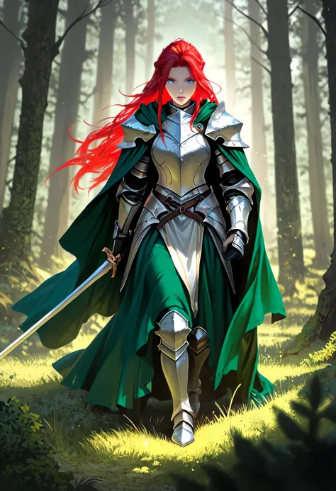 a picture of woman paladin of nature protecting the forest, controlling magical plants, woman holy knight, protector of nature, red hair, long hair, full body, ultra detailed face, red hair, long hair, braided hair, pale skin, blue eyes, intense eyes, wear...