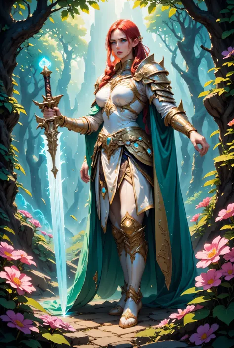 a picture of woman paladin of nature protecting the forest, controlling magical plants, woman holy knight, protector of nature, red hair, long hair, full body, ultra detailed face, red hair, long hair, braided hair, pale skin, blue eyes, intense eyes, wear...