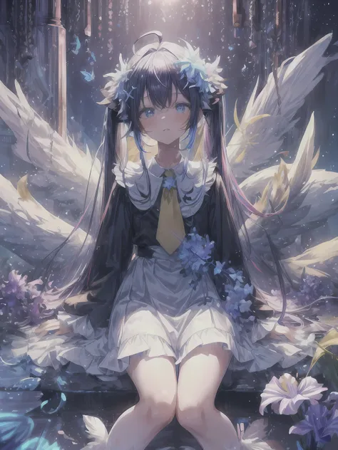 pretty, anime, pastel, neon, vtuber-fullbody vtuber-halfbody, kawaii Masterpiece, young woman, sitting down, parted lips, black eyes, fluffy curly hair, bangs, ahoge, light brown hair, rosy cheeks, short sleeve, black and purple dress, puffy sleeves, black...