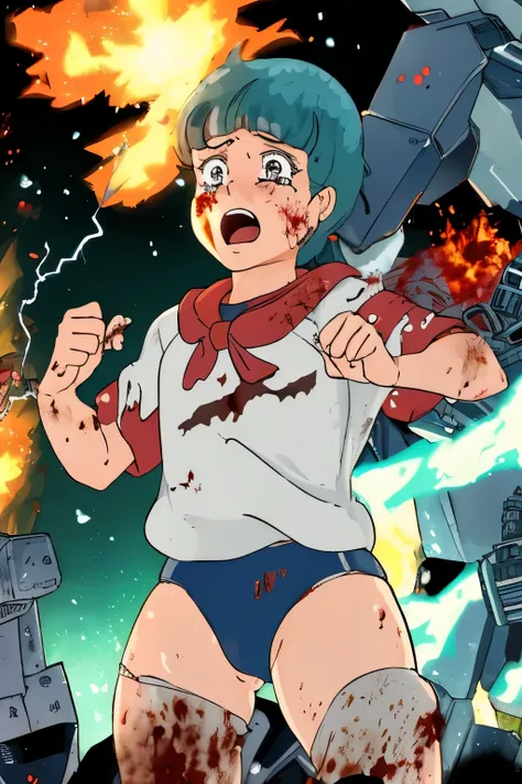 cockpit_explosion, fire, electricity, screaming, explosion, science fiction, wide-eyed, tearing clothes, standing, blood, scared, sweat, crying, mecha, torn clothes, tears, cockpit,1girl、wearing black gymnastics bloomers,high leg,white blouse,cowboy shot,s...
