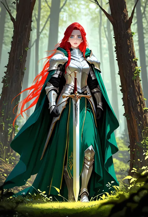 a picture of woman paladin of nature protecting the forest, controlling magical plants, woman holy knight, protector of nature, red hair, long hair, full body, ultra detailed face, red hair, long hair, braided hair, pale skin, blue eyes, intense eyes, wear...